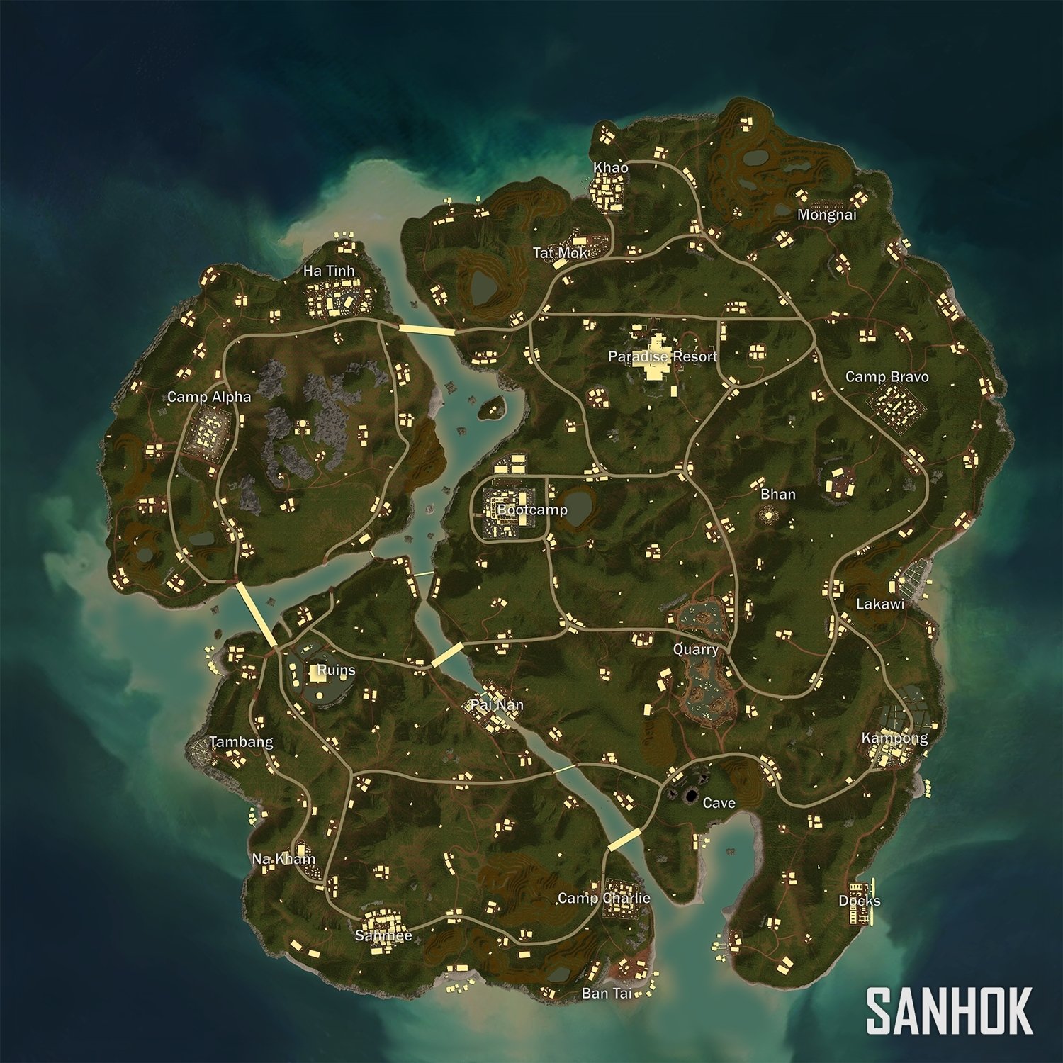 An overhead view of the new Sanhok Map in PlayerUnknown's Battlegrounds.