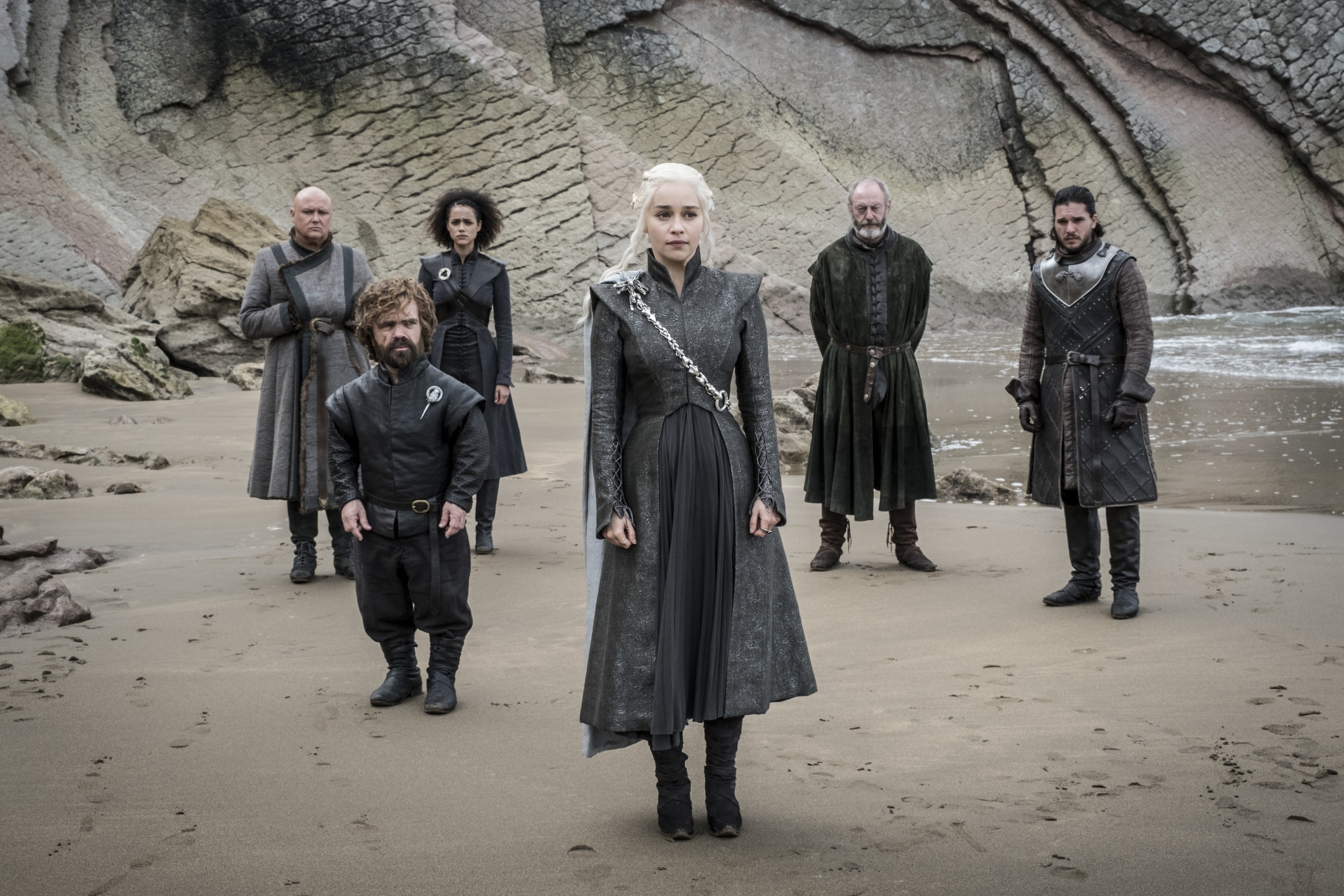 Liam Cunningham, Peter Dinklage, Nathalie Emmanuel, Emilia Clarke, Conleth Hill and Kit Harington on Game of Thrones